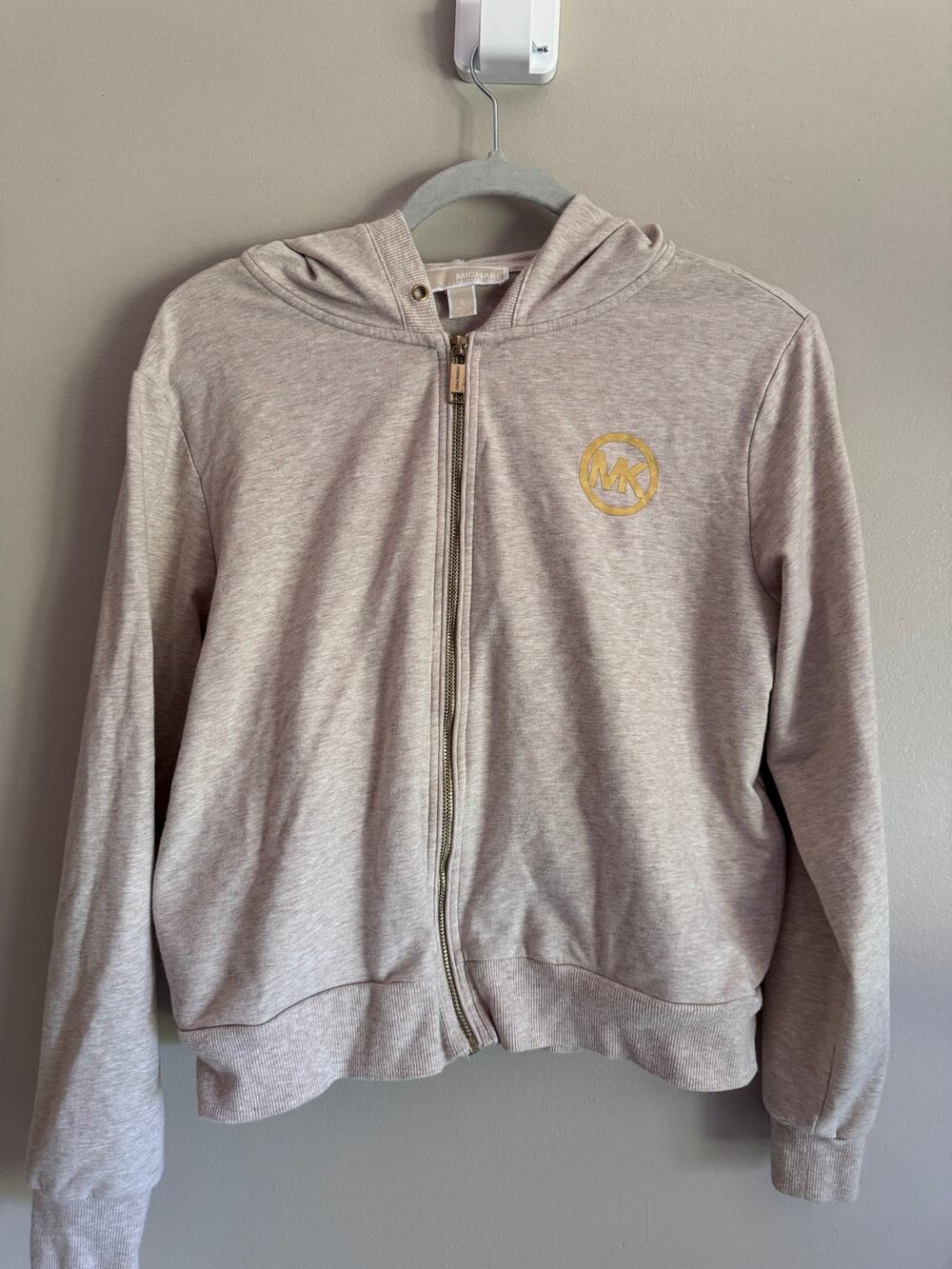 Michael Kors Women’s L Full Zip Hoodie Beige Gold MK Logo Sweatshirt